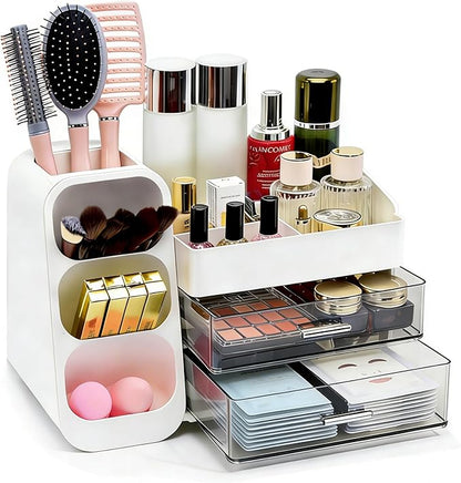 Makeup Organizer Countertop, Spacious Cosmetic Display Case with Makeup Brush Holder, Perfect Vanity Bathroom Organizer and Storage, White