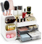 Makeup Organizer Countertop, Spacious Cosmetic Display Case with Makeup Brush Holder, Perfect Vanity Bathroom Organizer and Storage, White
