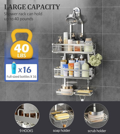OMAIRA Shower Caddy Hanging with Soap Scrub Holder, Stainless Steel Adjustable No Drilling Non-Slip Large Capacity Sturdy Over Shower Head Shower Organizer Inside Shelves Bathroom Storage Rack, Silver