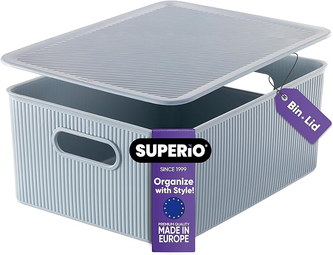Superio Ribbed Collection - Decorative Plastic Basket Open Home Storage Bins Organizer, Blue Container Boxes for Organizing Closet Storage Bins for Shelves (Bin with Lid- Large (15 Liter), 1 Pack)