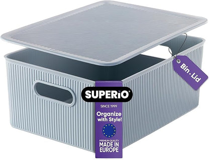 Superio Ribbed Collection - Decorative Plastic Basket Open Home Storage Bins Organizer, Blue Container Boxes for Organizing Closet Storage Bins for Shelves (Bin with Lid- Large (15 Liter), 1 Pack)