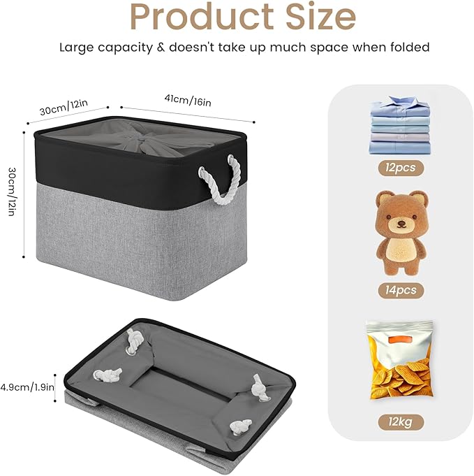 Large Storage Baskets- 16x12x12 inch Storage Bins for Shelves and Closet Organizing, Foldable Fabric Bin for Home Organization Clothes and Laundry (3-Pack, Black&Gray)