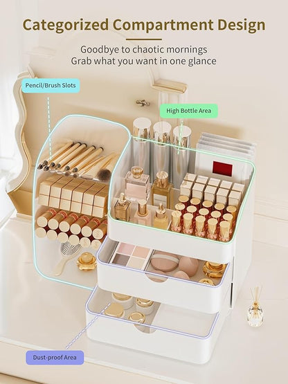 Booklov Makeup Organizer for Vanity, Countertop Cosmetic Display Case with Drawers, Bathroom Counter Beauty Caddy, Comfyroom Table Storage Holder for Skincare, Brush Eyeliner Eyeshadow Lipstick, White