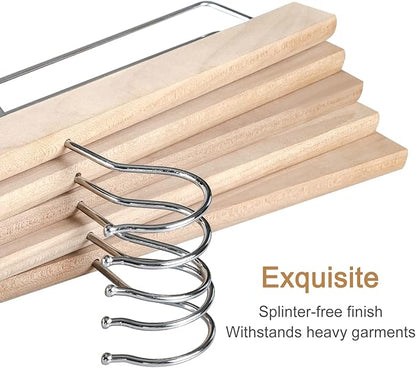 TOPIA HANGER Natural Unfinished Wood Pants Hangers, Wooden Skirt Hanger with Adjustable Clips, 360° Swivel Anti-Rust Hook, Smooth Finish Wood for Trousers 10 Pack-CT10PN