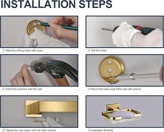 SEIDO Gold Soap Dish for Shower, 304 Stainless Steel Double-Locking Soap Holder, Wall Mount Soap Bar Holder for Shower, Hollowed-Out Drainage, 4.8" L x 3.2" W Internal, for Soap, Sponge, Keys