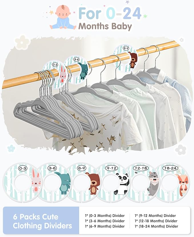 VIS'V Baby Hangers, 11 Inch Velvet Kids Hangers with 6 Pcs Clothes Size Dividers, Infant Toddler Nursery Closet Organization, Non Slip, Gray, 50 Pcs