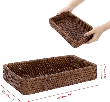 Sumnacon 10 Inch Rattan Bathroom Vanity Tray - Decorative Wicker Toilet Tank Tray for Paper Hand Towel, Vintage Storage Basket Bin for Bathroom Kitchen Toilet Tank Vanity Countertop Table Shelf, Brown