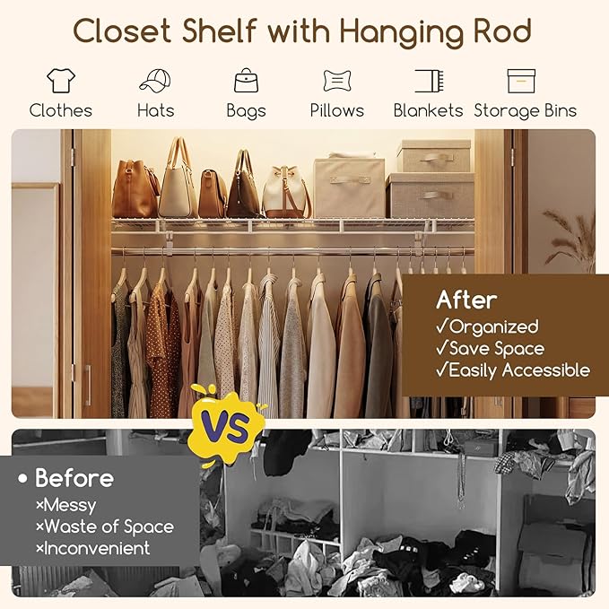 COSTWAY Closet Shelves Wall Mounted, Closet Shelf with Hanging Rod, Ventilated Metal Wire Shelving Kit, Wire Wall Shelf for Laundry Room, Bedroom, Home, Mounting Accessories Included (4 ft x 12 in)