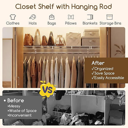 COSTWAY Closet Shelves Wall Mounted, Closet Shelf with Hanging Rod, Ventilated Metal Wire Shelving Kit, Wire Wall Shelf for Laundry Room, Bedroom, Home, Mounting Accessories Included (4 ft x 12 in)