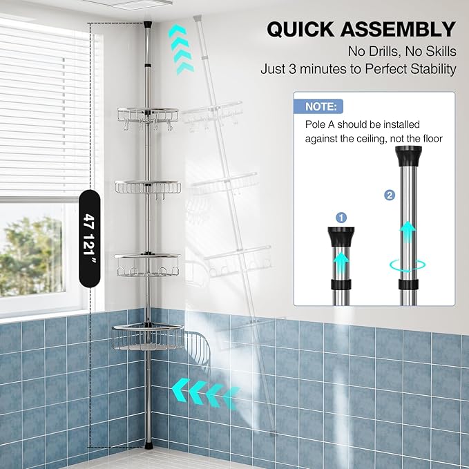 Corner Shower Caddy Tension Pole: Stainless Steel Rustproof 4-Tier Shower Organizer - 47-121 inch Adjustable Bathroom Shelves for Bathtub Shampoo Storage - Tension Rod Floor Standing Bath Rack