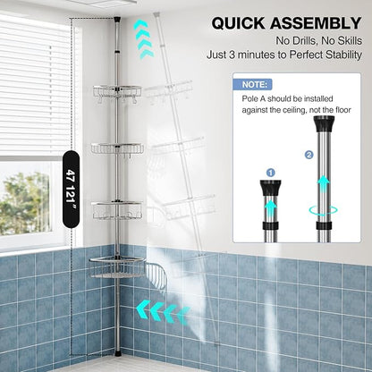 Corner Shower Caddy Tension Pole: Stainless Steel Rustproof 4-Tier Shower Organizer - 47-121 inch Adjustable Bathroom Shelves for Bathtub Shampoo Storage - Tension Rod Floor Standing Bath Rack