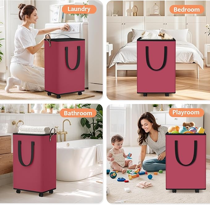 SpaceTrove Laundry Basket with Wheels, Collapsible Laundry Baskets, Laundry Hamper with Handles Detachable Wheels, Rolling Laundry Basket, Dirty Clothes Hamper for Bathroom, Dorm, Bedroom, Red, 80L
