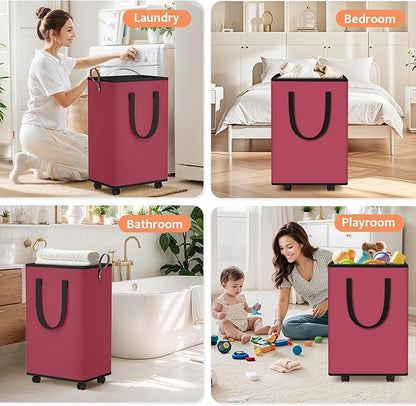 SpaceTrove Laundry Basket with Wheels, Collapsible Laundry Baskets, Laundry Hamper with Handles Detachable Wheels, Rolling Laundry Basket, Dirty Clothes Hamper for Bathroom, Dorm, Bedroom, Red, 80L