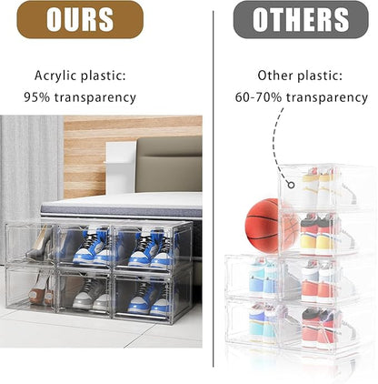 YIIHAA 6 Pack X Large Shoe Storage Box, hicken Sturdy Hard Plastic Clear Stackable Sneaker Shoe Rack for Size 6, Easy Assembly Storage Organizer, Holder Sneaker Container (Transparent, 6)