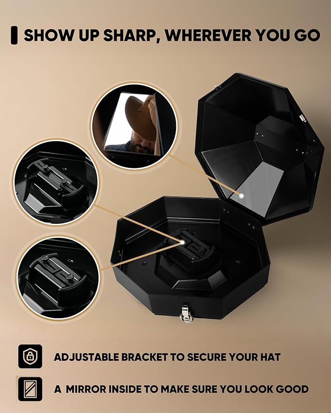 Cowboy Hat Box for Travel – Cowboy Hat Travel Case Hard Shell w/Mirror, Latches & Bag – Western Hat Can for Cowboy - Hat Boxes for Men & Hat Boxes for Women Storage - Midnight Black