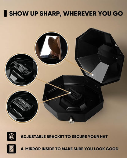 Cowboy Hat Box for Travel – Cowboy Hat Travel Case Hard Shell w/Mirror, Latches & Bag – Western Hat Can for Cowboy - Hat Boxes for Men & Hat Boxes for Women Storage - Midnight Black
