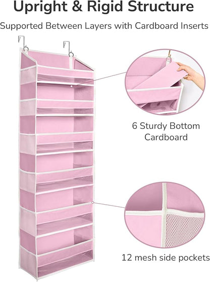 ULG Over The Door Organizer with 6 Large Pockets 12 Side Pockets, 50lbs Weight Capacity Door Hanging Storage Organizer for Bedroom, Bathroom, Pantry, Nursery Storage, Pink