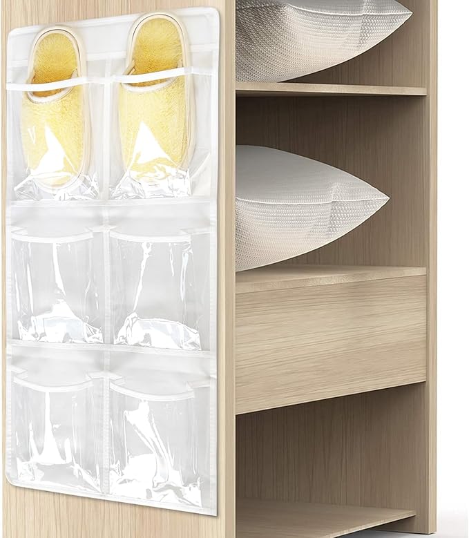 2 Pack 6 Clear Crystal Pockets Large Hanging Shoe Organizer Over The Door Shoe Rack for Closet Door Storage Shoe Holder Hanger, 4 Hooks, White (30'' x 13.8'')