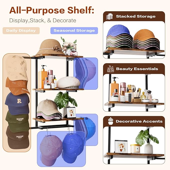 Keebofly Hat Rack for Wall with Shelf for Handbags, Purse,Bennies, Perfumes & Cosmetics Display, Hat Holder Storage for 100+ Caps, Baseball Cap Organizer & Beanie Holder for Closet, Entryway, Bedroom