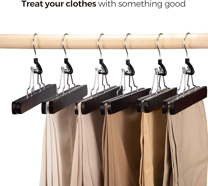 HOUSE DAY Wooden Pants Hangers 10 Pack, Non Slip Wood Skirt Hangers, Wood Jeans/Slack Hanger with 360° Swivel Hook, Clamp Hanger for Skirts, Slacks