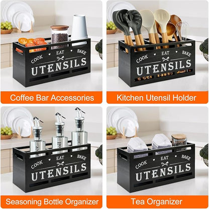 Extra Large Black Wood Utensil Holder Organizer Farmhouse Kitchen Decor Cutlery Spatula Holder Silverware Caddy Wooden Cooking Utensils Holder for Kitchen Countertop Utensil Crock Spoon Tools Holder