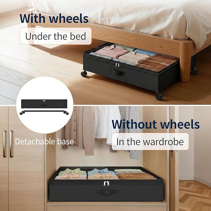 Yecaye 80L Under Bed Storage with Wheels, 2 Pack Under Bed Storage Containers with Lids for Clothes, Shoes and Blankets, Metal Rolling Underbed Storage Drawers for Bedrooms and Dorms, Black