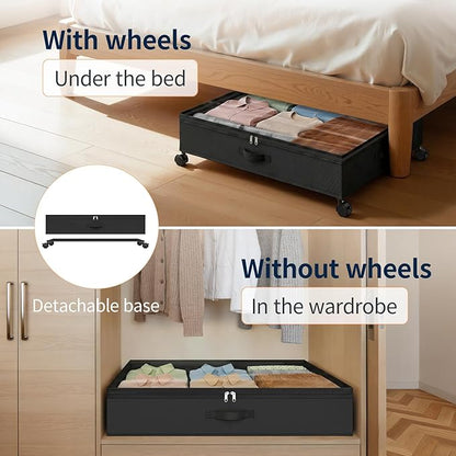 Yecaye 80L Under Bed Storage with Wheels, 2 Pack Under Bed Storage Containers with Lids for Clothes, Shoes and Blankets, Metal Rolling Underbed Storage Drawers for Bedrooms and Dorms, Black