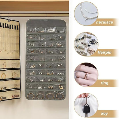 2 Pack Dual-Sided Hanging Jewelry Organizer with 128 Pockets & 8 Necklace Hooks, Wall Closet Door Jewelry Holder for Earrings, Bracelets, Necklaces Display Storage
