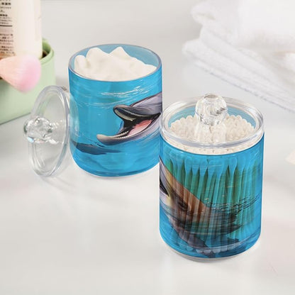 Milk Cow Qtip Holder with Lid 2PCS Apothecary Jars Storage Containers, Clear Plastic Canister for Cotton Swab,Floss Picks, Cosmetics (Cute Dolphin, one sizex2)