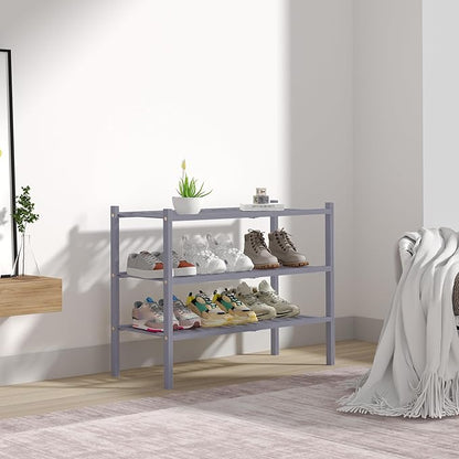 ROMGUAR CRAFT 3 Tier Bamboo Shoe Rack for Closet Free Standing Wood Shoe Shelf Storage Organizer for Entryway Small Space Stackable 27"x11"x20" (Grey)