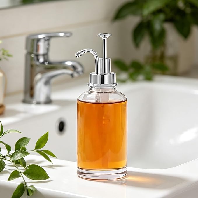 Asixxsix Coffee Syrup Dispenser, 500ml Clear Thickened Glass Soap Dispenser Bottle with PP Press Pump, High and Low Temperature Proof, Syrup Containers for Maple Honey (Silver Pump Head)