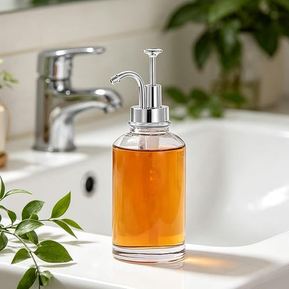 Asixxsix Coffee Syrup Dispenser, 500ml Clear Thickened Glass Soap Dispenser Bottle with PP Press Pump, High and Low Temperature Proof, Syrup Containers for Maple Honey (Silver Pump Head)