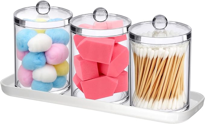 Amazing Abby - Catalina - Clear Acrylic Bathroom Canister with White Tray (4-Piece Set), Plastic Apothecary Jars with Lids, Bathroom Organizers for Q-tips, Cotton Balls, Floss Picks, Sponges, and More