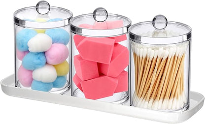 Amazing Abby - Catalina - Clear Acrylic Bathroom Canister with White Tray (4-Piece Set), Plastic Apothecary Jars with Lids, Bathroom Organizers for Q-tips, Cotton Balls, Floss Picks, Sponges, and More