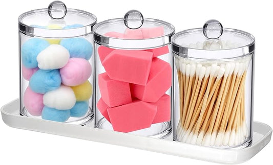 Amazing Abby - Catalina - Clear Acrylic Bathroom Canister with White Tray (4-Piece Set), Plastic Apothecary Jars with Lids, Bathroom Organizers for Q-tips, Cotton Balls, Floss Picks, Sponges, and More