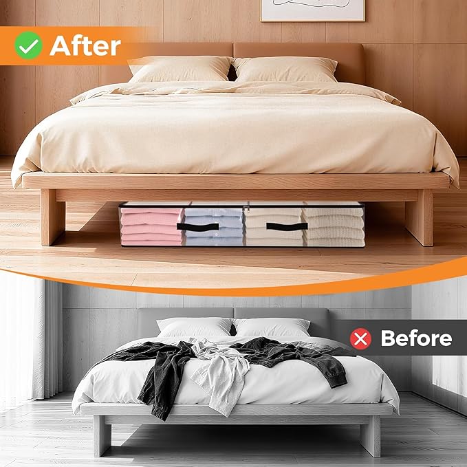 2 Pack Under Bed Storage Bags, 90L Foldable Clear Storage Containers with Handles, Dual Zippers for Comforter, Clothes, Bedding, Linen Sheets, Sweaters, Blanket Storage