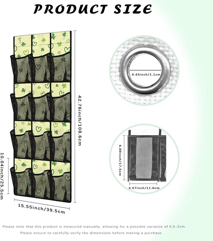 12-Compartment Behind The Door Hanging Organizer, Oxford Cloth Waterproof Large Capacity and Ideal for Storing Household Items, Green Heart and Lucky Leaf