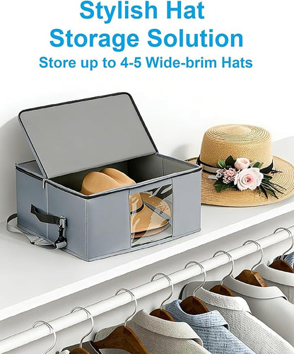 Large Cowboy Hat Storage Box with All Around Hardboard Support, Stackable, Crush-Proof, Dust-Proof Hat Carrying Case for Home & Travel, Rigid Hat Carrier Fits Up to 16" Wide Brim Hats, Grey
