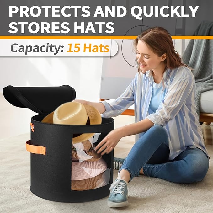 kushon Oversized Hat Storage Box for Women & Men，19" D x 17" H Cowboy Hat Boxes with 1 Wood Hook Felt travel Round Hat Organizer Box with Dustproof Lid (Black)