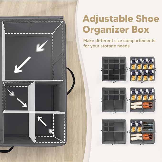 Shoe Organizer for Closet, Fits Up to 16 Pairs, Large Shoe Box Storage Container with Clear Cover, with Adjustable Dividers for Shoe Storage Bins,Space-Saving Shoe Bins (Beige and grey)
