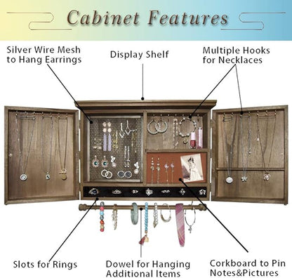 GLANT Rustic Wall Mounted Jewelry Organizer with Wooden Barndoor Decor， Wall Mount Holder,Jewelry holder for Necklaces, Earings, Bracelets，Ring Holder. Includes matching hook organizer (wood color)