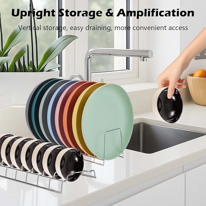 JEPELUS 4 Pack Plate and Bowl Organizer for Cabinet with 2 Absorbent Cloths, Stainless Steel Cutting Board Organizer, 8 Slots Upright Bowl Storage Rack Dish Drying Racks for Pot Lids Plates Bakeware