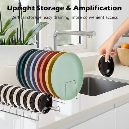 JEPELUS 4 Pack Plate and Bowl Organizer for Cabinet with 2 Absorbent Cloths, Stainless Steel Cutting Board Organizer, 8 Slots Upright Bowl Storage Rack Dish Drying Racks for Pot Lids Plates Bakeware
