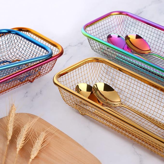 Kitchen Flatware Drawer Organizer, 2pcs Stackable Mesh Cabinet Storage Basket, Stainless Steel Kitchen Utensils Filter Drying Rack Holder for Knives, Fork, Spoon Chopsticks (Rose Gold)