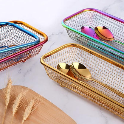 Kitchen Flatware Drawer Organizer, 2pcs Stackable Mesh Cabinet Storage Basket, Stainless Steel Kitchen Utensils Filter Drying Rack Holder for Knives, Fork, Spoon Chopsticks Silver
