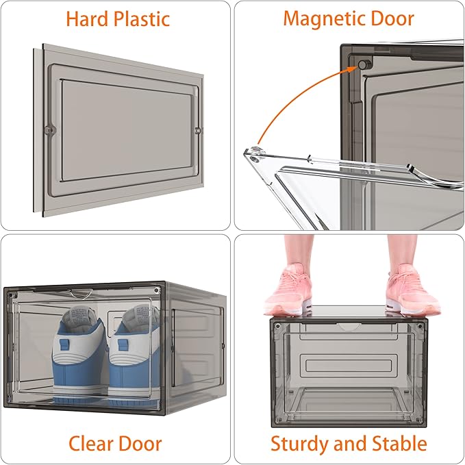 HOMIDEC Shoe Storage, 6 Pack Shoe Organizer Hard Plastic Shoe Box, Shoe Boxes Clear Plastic Stackable, Shoe Boxes with Lids for Size 13, Clear Smoke