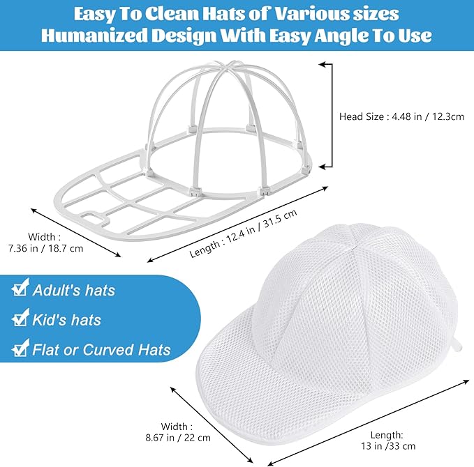 Eiito Hat Washer Cage Hats Cleaner, 4Pcs (2 Cages + 2 Bags) Hat Washer for baseball caps for Washing Machine or Dishwasher, Ball Cap Washers Frame for Flat & Curved Hats, White