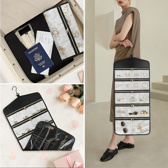 CHICECO Travel Jewelry Holder Organizer,Hanging Jewelry Organizer Storage With Zippered Pockets for Cloest,Wall,Door,Jewelry Holder for Earrings, Necklaces（Beige Black）