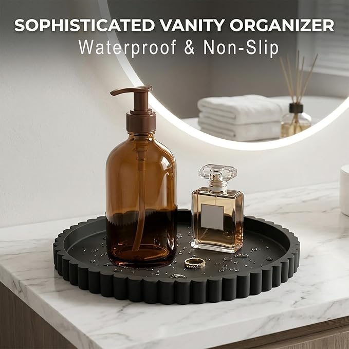 Round Silicone Bathroom Vanity Tray, Decorative Organizer for Soap, Perfume, Candle, Kitchen Countertop, Coffee Table Decor (Black, 9")