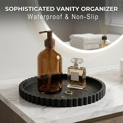 Round Silicone Bathroom Vanity Tray, Decorative Organizer for Soap, Perfume, Candle, Kitchen Countertop, Coffee Table Decor (Black, 9")
